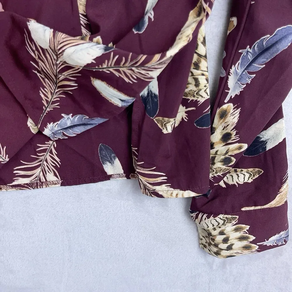 Pinkyotto New York Blouse Mock Nexk Feather Print Burgundy Top Med Boho Earthy
